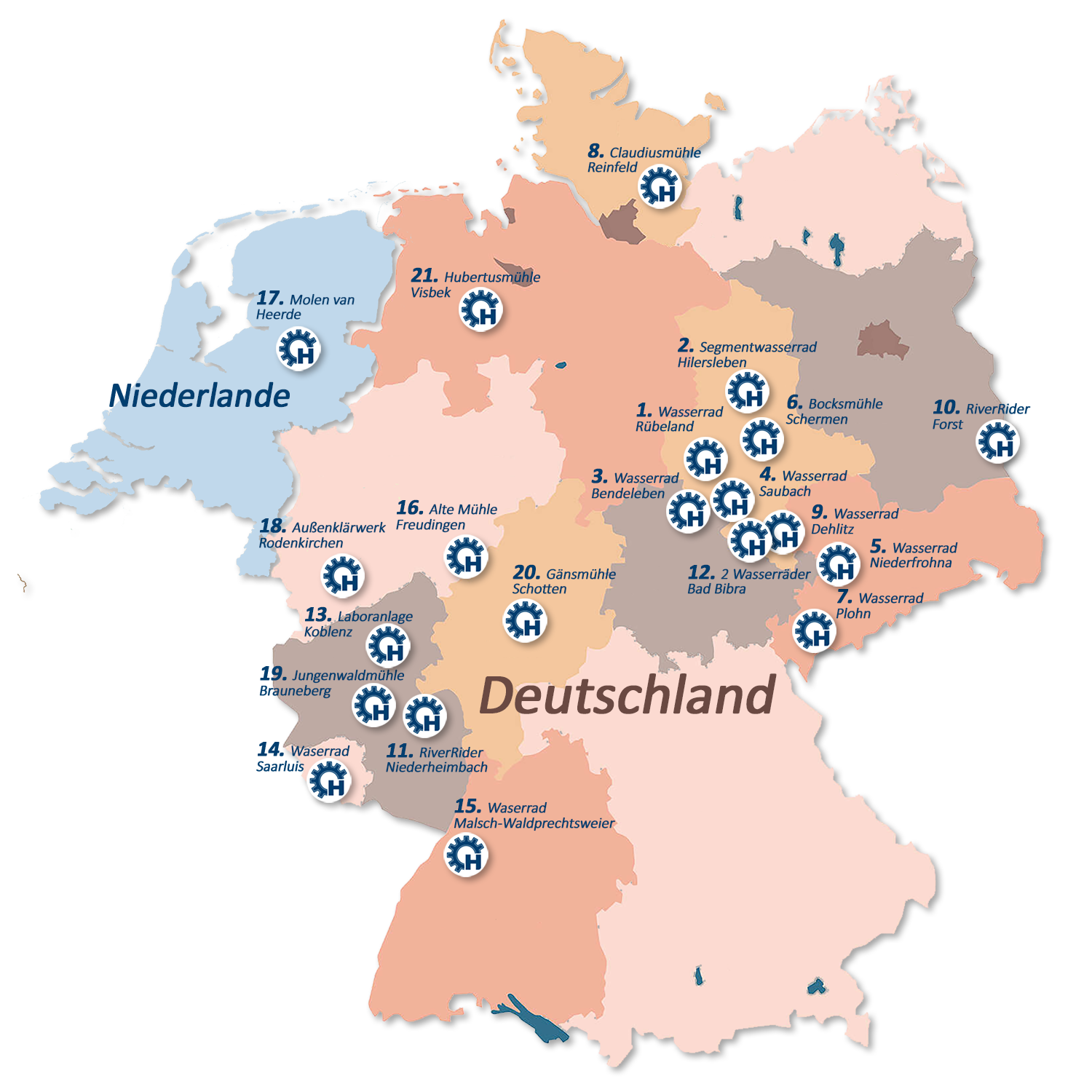 Deutschlandkarte mit Wasserrad-Standorten